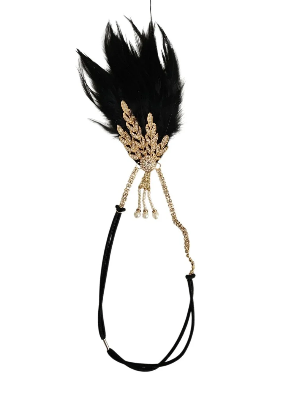 1920s FLAPPER HEADBAND GOLD RHINESTONE FEATHER PEARL GATSBY ART DECO COSUME BLK